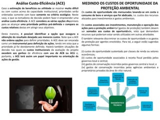 Análise Custo-Eficiência (ACE)
Caso a estimação de benefícios ou utilidade se mostrar muito difícil
ou com custos acima da capacidade institucional, prioridades serão
ordenadas somente com base somente no critério ecológico. Neste
caso, o que os tomadores de decisão podem fazer é empreender uma
análise custo-eficiência. A ACE considera as várias opções disponíveis
para se alcançar uma prioridade política pré-definida e compara os
custos relativos destas em atingir seus objetivos.
Desta maneira, é possível identificar a opção que assegura a
obtenção do resultado desejado aos menores custos. Note que a ACE
não ordena opções para definir prioridades. A ACE deve ser encarada
como um instrumental para definição de ações, tendo em vista que a
prioridade já foi devidamente definida. Haverá também situações de
decisão nas quais os custos institucionais da avaliação do projeto
excedem aos ganhos de eficiência com uso de ACB ou ACU e,
portanto, a ACE terá assim um papel importante na orientação de
ações de gestão.
MEDINDO OS CUSTOS DE OPORTUNIDADE DA
PROTEÇÃO AMBIENTAL
Os custos de oportunidade são mensurados levando-se em conta o
consumo de bens e serviços que foi abdicado, i.e. custos dos recursos
alocados para investimentos e gastos ambientais.
Os custos associados aos investimentos, manutenção e operação das
ações para a proteção ambiental (gastos de proteção) também devem
ser somados aos custos de oportunidade, visto que demandam
recursos que poderiam estar sendo utilizados em outras atividades
É também relevante discriminar os custos de oportunidade e os gastos
de proteção por agentes envolvidos. Para tal, a seguir estão sugeridas
algumas formas:
(i) custos de oportunidade sustentado por classes de renda ou setores
econômicos;
(ii) custos de oportunidade associados à receita fiscal perdida pelos
governos local e central;
(iii) gastos de conservação incorridos pelos governos central e local; e
(iv) gastos de conservação incorridos pelas agências ambientais e
proprietários privados da área do sítio natural.
 