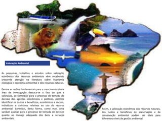 As pesquisas, trabalhos e estudos sobre valoração
econômica dos recursos ambientais vêm recebendo
crescente atenção na literatura sobre economia
ecológica e economia ambiental e dos recursos naturais.
Dentre as razões fundamentais para o crescimento desta
área de investigação destaca-se o fato de que a
valoração, ao contribuir para o processo de tomada de
decisão dos agentes econômicos e políticos, permite
identificar os custos e benefícios, econômicos e sociais,
individuais e coletivos relativos ao uso do recurso
ambiental. Contribui, desta forma, como mais uma
variável auxiliar para o processo de tomada de decisão
quanto ao manejo adequado dos bens e serviços
ambientais.
Assim, a valoração econômica dos recursos naturais,
dos custos e benefícios da preservação e da
conservação ambiental podem ser úteis para
diferentes níveis de gestão ambiental.
 