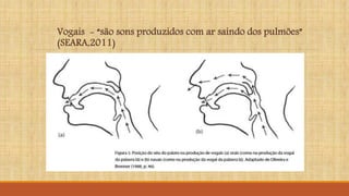 Vogais - “são sons produzidos com ar saindo dos pulmões”
(SEARA,2011)
 