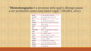“Monotongação é o processo pelo qual o ditongo passa
a ser produzido como uma única vogal.” (SEARA, 2011)
 