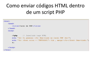 Como enviar códigos HTML dentro
de um script PHP
 