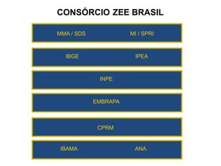 MMA / SDS MI / SPRI
IBGE IPEA
INPE
EMBRAPA
CPRM
IBAMA ANA
CONSÓRCIO ZEE BRASIL
 