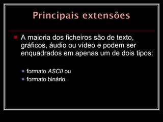A maioria dos ficheiros são de texto, gráficos, áudio ou vídeo e podem ser enquadrados em apenas um de dois tipos: formato  ASCII  ou  formato binário.  