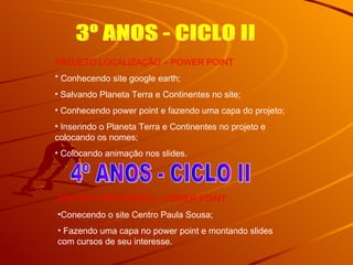 3º ANOS - CICLO II PROJETO LOCALIZAÇÃO – POWER POINT * Conhecendo site google earth; Salvando Planeta Terra e Continentes no site; Conhecendo power point e fazendo uma capa do projeto; Inserindo o Planeta Terra e Continentes no projeto e colocando os nomes; Colocando animação nos slides.   4º ANOS - CICLO II PROJETO PROFISSÃO – POWER POINT Conecendo o site Centro Paula Sousa; Fazendo uma capa no power point e montando slides com cursos de seu interesse. 