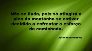 Não se iluda, pois só atingirá o
 pico da montanha se estiver
decidido a enfrentar o esforço
        da caminhada.
                     Autor desconhecido
 