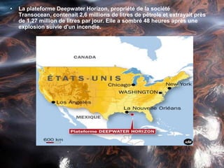 La plateforme Deepwater Horizon, propriété de la société Transocean, contenait 2,6 millions de litres de pétrole et extrayait près de 1,27 million de litres par jour. Elle a sombré 48 heures après une explosion suivie d'un incendie.