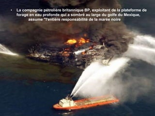 La compagnie pétrolière britannique BP, exploitant de la plateforme de forage en eau profonde qui a sombré au large du golfe du Mexique, 	  assume "l'entière responsabilité de la marée noire	 