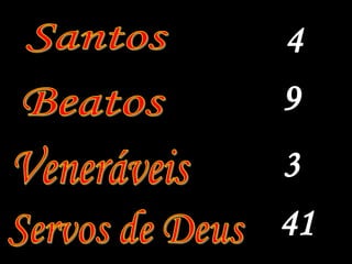 4Santos9Beatos3Veneráveis41Servos de Deus