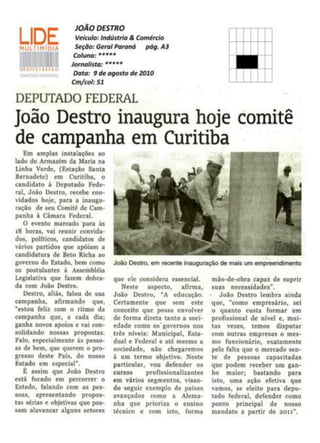 João Destro inaugura comitê de campanha em Curitiba