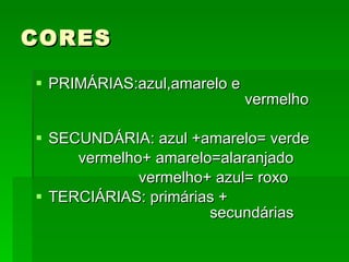 CORES PRIMÁRIAS:azul,amarelo e  vermelho SECUNDÁRIA: azul +amarelo= verde vermelho+ amarelo=alaranjado vermelho+ azul= roxo TERCIÁRIAS: primárias +  secundárias 