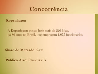 Concorrência Kopenhagen   A Kopenhagen possui hoje mais de 226 lojas, há 80 anos no Brasil, que empregam 1.075 funcionários Share de Mercado:  24 %  Público Alvo:  Classe A e B 