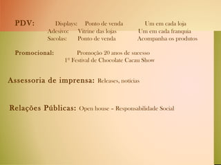 PDV:  Displays:  Ponto de venda  Um em cada loja Adesivo:  Vitrine das lojas  Um em cada franquia Sacolas:  Ponto de venda  Acompanha os produtos   Promocional:  Promoção 20 anos de sucesso 1º Festival de Chocolate Cacau Show   Assessoria de imprensa:  Releases, notícias Relações Públicas:  Open house – Responsabilidade Social  