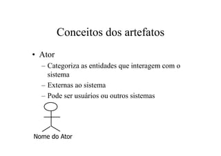 Conceitos dos artefatos
• Ator
  – Categoriza as entidades que interagem com o
    sistema
  – Externas ao sistema
  – Pode ser usuários ou outros sistemas




Nome do Ator
 