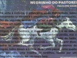 De volta à estância, o estancieiro, ainda mais irritado, bateu
novamente no menino e o amarrou nu, sobre um formigueiro.
No dia seguinte, quando ele foi ver o estado de sua vítima,
tomou um susto. O menino estava lá, mas de pé, com a pele
lisa, sem nenhuma marca das chicotadas. Ao lado dele, a
Virgem Nossa Senhora, e mais adiante o baio e os outros
cavalos. O estancieiro se jogou no chão pedindo perdão, mas o
negrinho nada respondeu. Apenas beijou a mão da Santa,
montou no baio e partiu conduzindo a tropilha. A partir disso,
entre os andarilhos, tropeiros, mascates e carreteiros da
região, todos davam a notícia, de ter visto passar, como levada
em pastoreio, uma tropilha de tordilhos, tocada por um
Negrinho, montado em um cavalo baio.
 