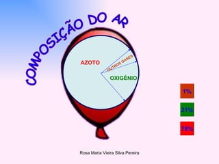 AZOTO OXIGÉNIO OUTROS GASES 78% 21% COMPOSIÇÃO DO AR 1% 
