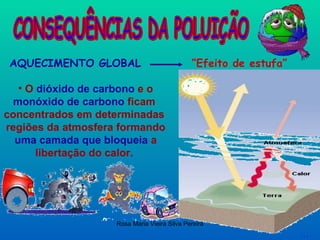 CONSEQUÊNCIAS DA POLUIÇÃO AQUECIMENTO GLOBAL “ Efeito de estufa” O  dióxido de carbono  e o  monóxido de carbono  ficam  concentrados em determinadas  regiões da atmosfera formando  uma camada que bloqueia  a libertação do calor.  … 