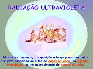 Nos seres humanos, a exposição a longo prazo aos raios UV está associada ao risco de  danos na visão , no  sistema  imunológico   e  no aparecimento do  cancro de pele . RADIAÇÃO ULTRAVIOLETA 