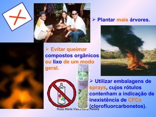 Plantar  mais  árvores. Evitar queimar  compostos orgânicos ou  lixo  de um modo geral.   Utilizar embalagens de  sprays , cujos rótulos  contenham a indicação de inexistência de  CFCs  (clorofluorcarbonetos). 