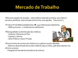Diversas opções de atuação – setor público (atenção primária, secundária e
terciária, plantões), setor privado (clínica fixa, auto-gestão, “free-lance”);

 Índice Nº de Médicos/Habitantes  1,95 médico/1000 habitantes
  - OMS preconiza – 1 médico/1000 habitantess

Desigualdade na distribuição dos médicos:
 - Sudeste x Restante do País
 - Capitais x Interior
 - Setor Público x Setor Privado

Crescimento do número de médicos em 530% em quatro décadas
   - Abertura desenfreada de escolas médicas (185 no total, 45% delas abertas nos
últimos 10 anos);
  - Chegada de estudantes brasileiros do exterior.
 