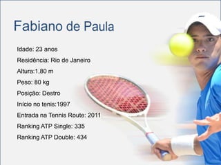 Idade: 23 anos
Residência: Rio de Janeiro
Altura:1,80 m
Peso: 80 kg
Posição: Destro
Início no tenis:1997
Entrada na Tennis Route: 2011
Ranking ATP Single: 335
Ranking ATP Double: 434
 