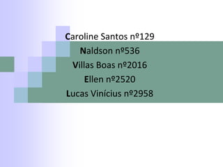 Caroline Santos nº129
   Naldson nº536
 Villas Boas nº2016
     Ellen nº2520
Lucas Vinícius nº2958
 