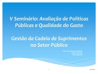 V Seminário: Avaliação de Políticas
Públicas e Qualidade do Gasto
Gestão da Cadeia de Suprimentos
no Setor Público
Prof. Juarez Paulo Tridapalli,Dr
Auditor Fiscal-AM
Porto Alegre-RS

1

12/11/2013

 