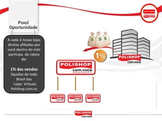 AUTO ENVIO




A cada 3 novas lojas
diretas afiliadas por
você dentro do mês
participa do rateio
         de:

 1% das vendas
  liquidas de todo
      Brasil das
    Lojas Virtuais
  Polishop.com.vc
 