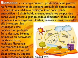 - a energia química, produzida pelas plantas
na forma de hidratos de carbono através da fotossíntese
- processo que utiliza a radiação solar como fonte
energética - é distribuída e armazenada nos corpos dos
seres vivos graças a grande cadeia alimentar, onde a base
primária são os vegetais. Plantas, animais e seus derivados
são biomassa. Sua
utilização como
combustível pode ser
feita das suas formas
primárias ou derivados:
madeira bruta,
resíduos florestais,
excrementos animais,
carvão vegetal, álcool,
óleos animal ou vegetal,
gaseificação de madeira, biogás etc.
 