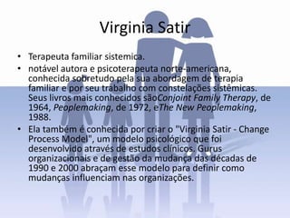 Virginia Satir
• Terapeuta familiar sistemica.
• notável autora e psicoterapeuta norte-americana,
conhecida sobretudo pela sua abordagem de terapia
familiar e por seu trabalho com constelações sistêmicas.
Seus livros mais conhecidos sãoConjoint Family Therapy, de
1964, Peoplemaking, de 1972, eThe New Peoplemaking,
1988.
• Ela também é conhecida por criar o "Virginia Satir - Change
Process Model", um modelo psicológico que foi
desenvolvido através de estudos clínicos. Gurus
organizacionais e de gestão da mudança das décadas de
1990 e 2000 abraçam esse modelo para definir como
mudanças influenciam nas organizações.
 