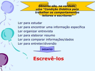 Ler para estudar
Ler para encontrar uma informação específica
Ler organizar entrevista
Ler para elaborar resumo
Ler para comparar informações/dados
Ler para entreter/diversão
Gêneros são, na verdade,
uma “Condição Didática para
trabalhar os comportamentos
leitores e escritores”
DESAFIO
Escrevê-los
 