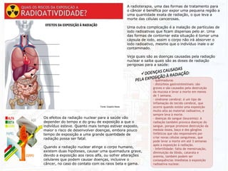 Os efeitos da radiação nuclear para a saúde vão
depender do tempo e do grau de exposição a que o
indivíduo esteve. Quanto mais tempo estiver exposto,
maior o risco de desenvolver doenças, embora pouco
tempo de exposição a uma grande quantidade de
radiação possa ser fatal.
Quando a radiação nuclear atinge o corpo humano,
existem duas hipóteses, causar uma queimadura grave,
devido a exposição aos raios alfa, ou sofrer alterações
celulares que podem causar doenças, inclusive o
câncer, no caso do contato com os raios beta e gama.
A radioterapia, uma das formas de tratamento para
o câncer é benéfica por expor uma pequena região a
uma quantidade exata de radiação, o que leva a
morte das células cancerosas.
Uma outra complicação é a inalação de partículas de
iodo radioativas que ficam dispersas pelo ar. Uma
das formas de contornar esta situação é tomar uma
cápsula de iodo, assim o corpo não irá absorver o
iodo radioativo, mesmo que o indivíduo inale o ar
contaminado.
Veja quais são as doenças causadas pela radiação
nuclear e saiba quais são as doses de radiação
perigosas para a saúde:
- queimaduras
- distúrbios gastrointestinais: são
graves e são causados pela destruição
da mucosa e levar a morte em menos
de 1 semana.
- síndrome cerebral: é um tipo de
inflamação do tecido cerebral, que
ocorre quando existe uma exposição
muito alta ao material radioativo, e
sempre leva à morte.
- doenças do sangue (leucemia): A
radiação também provoca doenças do
sangue, porque promove destruição da
medula óssea, baço e dos gânglios
linfáticos que são responsáveis por
criar novas células sanguíneas, que
pode levar a morte em até 3 semanas
após a exposição à radiação.
- Infertilidade: falta de menstruação,
diminuição da libido, catarata e
anemia, também podem ser
consequências imediatas à exposição
radioativa nuclear.
 