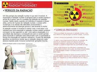 PERIGOS DA RADIAÇÃO
Um dos perigos da radiação nuclear é que ela é invisível. A
exposição à radiação nuclear é perigosa para a saúde quando é
acima de 4 grays, que é a unidade de medição da radiação
nuclear. Neste casos, quando um indivíduo é exposto à doses
altas, acima de 4 grays de radiação nuclear, o corpo sofre
mudanças e as células são alteradas promovendo o
desenvolvimento de doenças graves e até levando à morte.
A radiação nuclear é invisível e indolor mas o mal estar e os
vômitos que uma exposição à radiação nuclear podem produzir
começam no dia seguinte ou até 1 ano após a exposição, e a
gravidade das doenças e consequências para a saúde gerada
pela exposição à radiação está relacionado com a quantidade e
tempo de exposição ao material radioativo. O grau de alteração
genética na estrutura celular que a radiação causa em cada
pessoa exposta pode inclusive contaminar gerações futuras.
- Para se proteger da exposição à radiação nuclear e dos
seus efeitos no caso de algum acidente nuclear, é preciso:
- Limitar o tempo de exposição a fonte de radiação.
- Ir para o mais longe possível da fonte de radiação. No
caso de um acidente nuclear em alguma central é
necessário evacuar o perímetro ao redor da fuga de
radiação e a distância dependerá da quantidade da fuga.
- Usar roupas próprias que dificultem a passagem da
radiação até o contato com a pele. Em áreas contaminadas
por radioatividade nuclear é proibido fumar,comer ou
beber água.
- A organização mundial de saúde aconselha também às
pessoas usarem luvas de vinil, máscaras para filtrar o ar e
lavar com frequência as mãos evitando levar as mãos à
boca.
- A contaminação radioativa pode ocorrer externamente
através do ambiente contaminado ou pela ingestão de
comida contaminada. Ambos os tipos de radiação podem
ser fatais.
COMO SE PROTEGER?
 