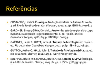 

COSTANZO, Linda S. Fisiologia. Tradução de Maria de Fátima Azevedo.
3. ed. Rio de Janeiro: Guanabara Koogan, 2005. 292 p. ISBN 8527710633.



GARDNER, Ernest; GRAY, Donald J. Anatomia: estudo regional do corpo
humano. Tradução de Rogério Benevento. 4. ed. Rio de Janeiro:
Guanabara Koogan, 1988. 815 p. ISBN 8522600139.



GARTNER, Leslie P.; HIATT, James L. Tratado de histologia: em cores. 2.
ed. Rio de Janeiro: Guanabara Koogan, 2003. 456p. ISBN 8527708135.



GUYTON, Arthur C.; HALL, John E. Tratado de fisiologia médica. 12. ed.
Rio de Janeiro: Elsevier, 2011. 1151 p. ISBN 9788535237351.



KOEPPEN, Bruce M; STANTON, Bruce A. (Ed.). Berne & Levy: fisiologia.
6. ed. Rio de Janeiro: Elsevier, 2009. 844 p., il. ISBN 9788535230574.

 