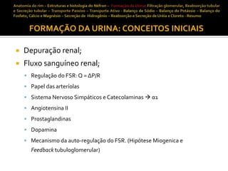 FORMAÇÃO DA URINA: CONCEITOS INICIAIS


Depuração renal;



Fluxo sanguíneo renal;
 Regulação do FSR: Q = ΔP/R
 Papel das arteríolas
 Sistema Nervoso Simpáticos e Catecolaminas  α1
 Angiotensina II
 Prostaglandinas
 Dopamina
 Mecanismo da auto-regulação do FSR. (Hipótese Miogenica e

Feedback tubuloglomerular)

 