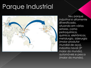 Parque Industrial
Seu parque
industrial é altamente
diversificado,
atuando em vários
setores, como
petroquímica,
química, eletrônicos,
metalurgia, siderurgia
(maior produtor
mundial de aço),
indústria naval (3ª
maior do mundo),
automóveis e pesca
(maior do mundo).

 