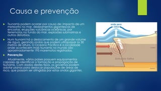 Causa e prevenção


Tsunamis podem ocorrer por causa de: impacto de um
meteorito no mar, deslizamentos gigantescos de
encostas, erupções vulcânicas oceânicas, por
terremotos no fundo do mar, explosões submarinas e
outros distúrbios.



Num tsunami há o deslocamento de um grande volume
de água, gerando ondas que podem ultrapassar os 30
metros de altura. O Oceano Pacífico é a localidade
onde acontecem mais tsunamis no mundo são
aproximadamente 195 maremotos registrados.



Prevenção

Atualmente, vários países possuem equipamentos
capazes de identificar a formação e propagação de
tsunamis. Com dados destes tipos, os governos podem
adotar planos para deslocar populações de áreas de
risco, que possam ser atingidas por estas ondas gigantes.

 