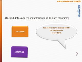Os candidatos podem ser selecionados de duas maneiras:
INTERNOS
Podendo ocorrer através do RH
da empresa ou
consultoria.
 