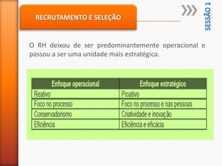 RECRUTAMENTO E SELEÇÃO
O RH deixou de ser predominantemente operacional e
passou a ser uma unidade mais estratégica.
 