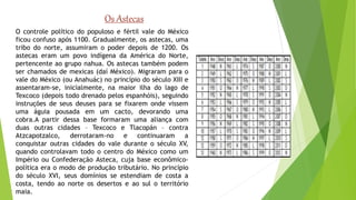 Os Astecas 
O controle político do populoso e fértil vale do México 
ficou confuso após 1100. Gradualmente, os astecas, uma 
tribo do norte, assumiram o poder depois de 1200. Os 
astecas eram um povo indígena da América do Norte, 
pertencente ao grupo nahua. Os astecas também podem 
ser chamados de mexicas (daí México). Migraram para o 
vale do México (ou Anahuác) no princípio do século XIII e 
assentaram-se, inicialmente, na maior ilha do lago de 
Texcoco (depois todo drenado pelos espanhóis), seguindo 
instruções de seus deuses para se fixarem onde vissem 
uma águia pousada em um cacto, devorando uma 
cobra.A partir dessa base formaram uma aliança com 
duas outras cidades – Texcoco e Tlacopán – contra 
Atzcapotzalco, derrotaram-no e continuaram a 
conquistar outras cidades do vale durante o século XV, 
quando controlavam todo o centro do México como um 
Império ou Confederação Asteca, cuja base econômico-política 
era o modo de produção tributário. No princípio 
do século XVI, seus domínios se estendiam de costa a 
costa, tendo ao norte os desertos e ao sul o território 
maia. 
 