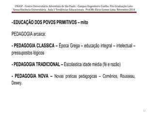 11
-EDUCAÇÃO DOS POVOS PRIMITIVOS – mito
PEDAGOGIA arcaica:
- PEDAGOGIA CLASSICA – Época Grega – educação integral – intelectual –
pressupostos lógicos
- PEDAGOGIA TRADICIONAL – Escolastica idade média (fé e razão)
- PEDAGOGIA NOVA – Novas praticas pedagogicas – Comênios, Rousseau,
Dewey.
UNASP - Centro Universitário Adventista de São Paulo - Campus Engenheiro Coelho. Pós-Graduação Lato-
Sensu Docência Universitária. Aula 1 Tendências Educacionais. Prof.Ms Elicio Gomes Lima. Novembro 2014
 