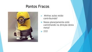 Pontos Fracos
 Minhas aulas estão
contribuindo?
 Nosso planejamento está
caminhando na direção desta
meta?
 ?????
 