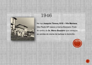 Na rua Joaquim Távora,1010 – Vila Mariana,
São Paulo-SP nasce a marca Bozzano. Fruto
do sonho do Sr. Mário Bozzano que começou
as vendas do creme de barbear à domicílio.
1946
 