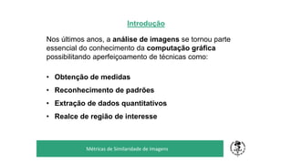 Introdução
Nos últimos anos, a análise de imagens se tornou parte
essencial do conhecimento da computação gráfica
possibilitando aperfeiçoamento de técnicas como:
• Obtenção de medidas
• Reconhecimento de padrões
• Extração de dados quantitativos
• Realce de região de interesse
TÍTULO DO SEU SEMINÁRIO
Subtítulo
Métricas de Similaridade de Imagens
 