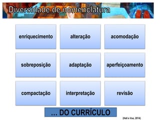 (Hall e Vue, 2014)
enriquecimento alteração acomodação
sobreposição adaptação aperfeiçoamento
compactação interpretação revisão
… DO CURRÍCULO
 