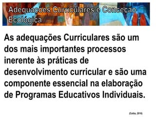 As adequações Curriculares são um
dos mais importantes processos
inerente às práticas de
desenvolvimento curricular e são uma
componente essencial na elaboração
de Programas Educativos Individuais.
(Colôa, 2016)
 
