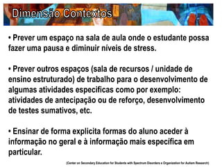 • Prever um espaço na sala de aula onde o estudante possa
fazer uma pausa e diminuir níveis de stress.
• Prever outros espaços (sala de recursos / unidade de
ensino estruturado) de trabalho para o desenvolvimento de
algumas atividades especificas como por exemplo:
atividades de antecipação ou de reforço, desenvolvimento
de testes sumativos, etc.
• Ensinar de forma explicita formas do aluno aceder à
informação no geral e à informação mais específica em
particular.
(Center on Secondary Education for Students with Spectrum Disorders e Organization for Autism Research)
 