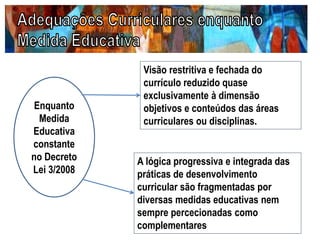 Visão restritiva e fechada do
currículo reduzido quase
exclusivamente à dimensão
objetivos e conteúdos das áreas
curriculares ou disciplinas.
Enquanto
Medida
Educativa
constante
no Decreto
Lei 3/2008
A lógica progressiva e integrada das
práticas de desenvolvimento
curricular são fragmentadas por
diversas medidas educativas nem
sempre percecionadas como
complementares
 