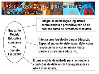 Integra-se numa lógica legislativa
centralizadora e prescritiva não só de
práticas como de percursos escolares.Enquanto
Medida
Educativa
constante
no
Decreto
Lei 3/2008
É uma medida desenhada para responder a
condições de deficiência / categorizações e
não à diversidade.
Integra uma legislação para a Educação
Especial enquanto sistema paralelo, cujas
respostas se ancoram nessa lógica
paralela do sistema educativo.
 