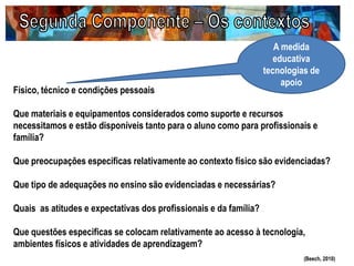 Físico, técnico e condições pessoais
Que materiais e equipamentos considerados como suporte e recursos
necessitamos e estão disponíveis tanto para o aluno como para profissionais e
família?
Que preocupações especificas relativamente ao contexto físico são evidenciadas?
Que tipo de adequações no ensino são evidenciadas e necessárias?
Quais as atitudes e expectativas dos profissionais e da família?
Que questões especificas se colocam relativamente ao acesso à tecnologia,
ambientes físicos e atividades de aprendizagem?
(Beech, 2010)
A medida
educativa
tecnologias de
apoio
 