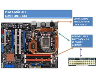 PLACA MÃE ATX
COM FONTE BTX
CONEXÃO PARA
FONTE ATX V 2.0
(8 PINOS E
24 PINOS)
CONECTOR DE
TECLADO = MINI
DIN 6 FUROS
 